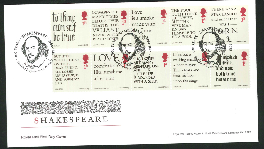 2016 - Shakespeare First Day Cover - 400 Years Stratford upon Avon Portrait Postmark
